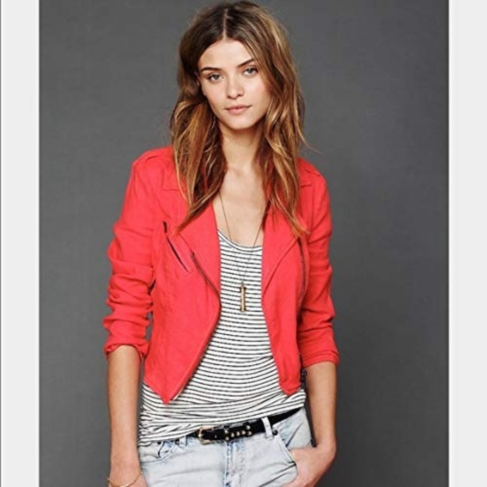 Free People Linen Moto Jacket Cherry Red, Size 0